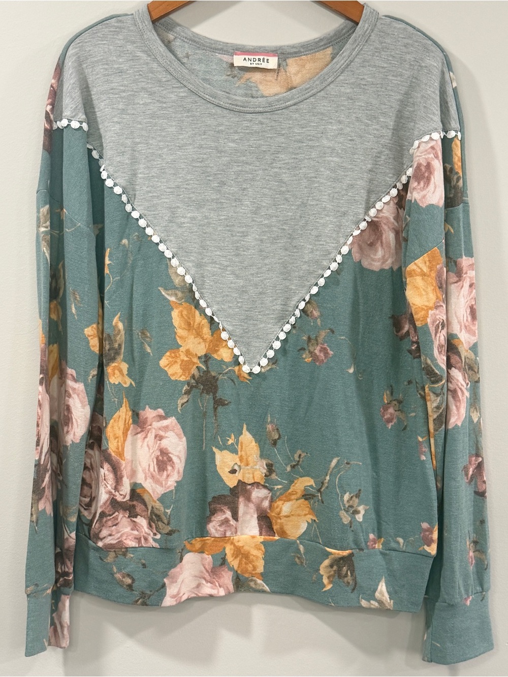 ANDREE BY UNIT Women’s Teal Floral Pom-Pom Trim Lightweight Sweatshirt Size M